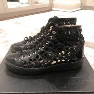 Chanel Laser Cut High Top Sneakers Size 38 Black